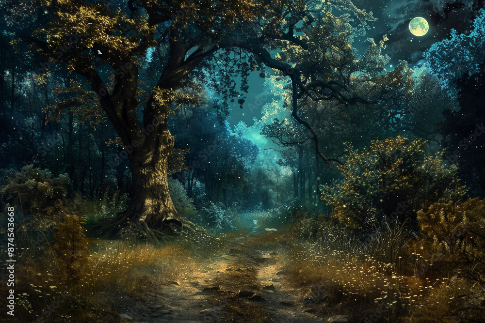 A forest at night with a large tree in the foreground A forest at night with a large tree in the foreground