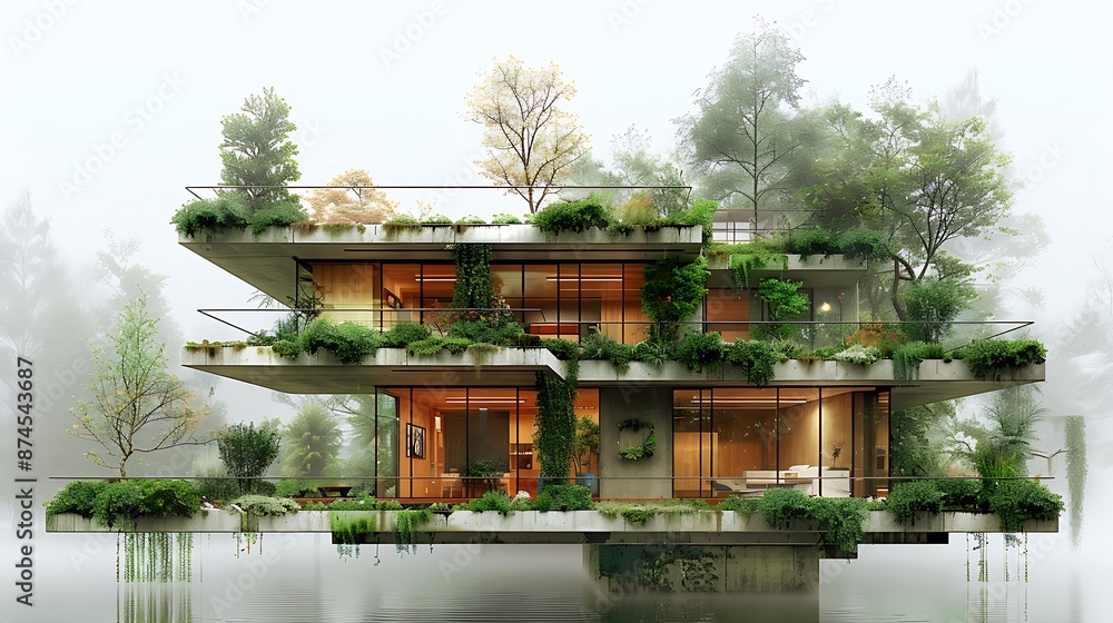 Visualize an eco-friendly design for a Residential Building, emphasizing sustainable practices and environmental impact Visualize an eco-friendly design for a Residential Building, emphasizing sustainable practices and environmental impact