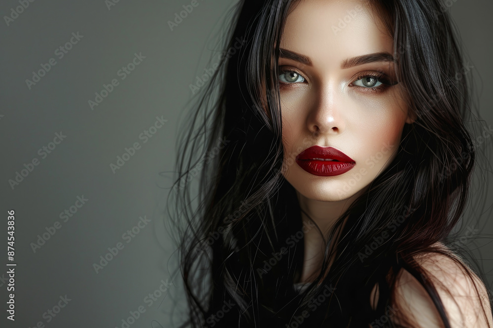A woman with long black hair and red lipstick A woman with long black hair and red lipstick