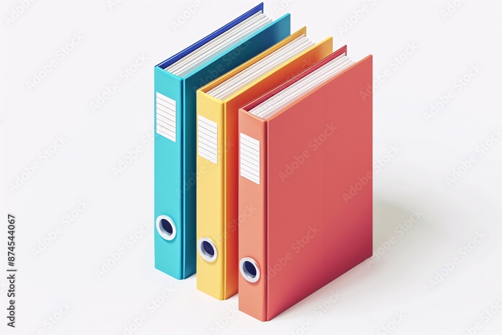 3D Three colorful document binders in blue, yellow, and red. 3D Three colorful document binders in blue, yellow, and red.