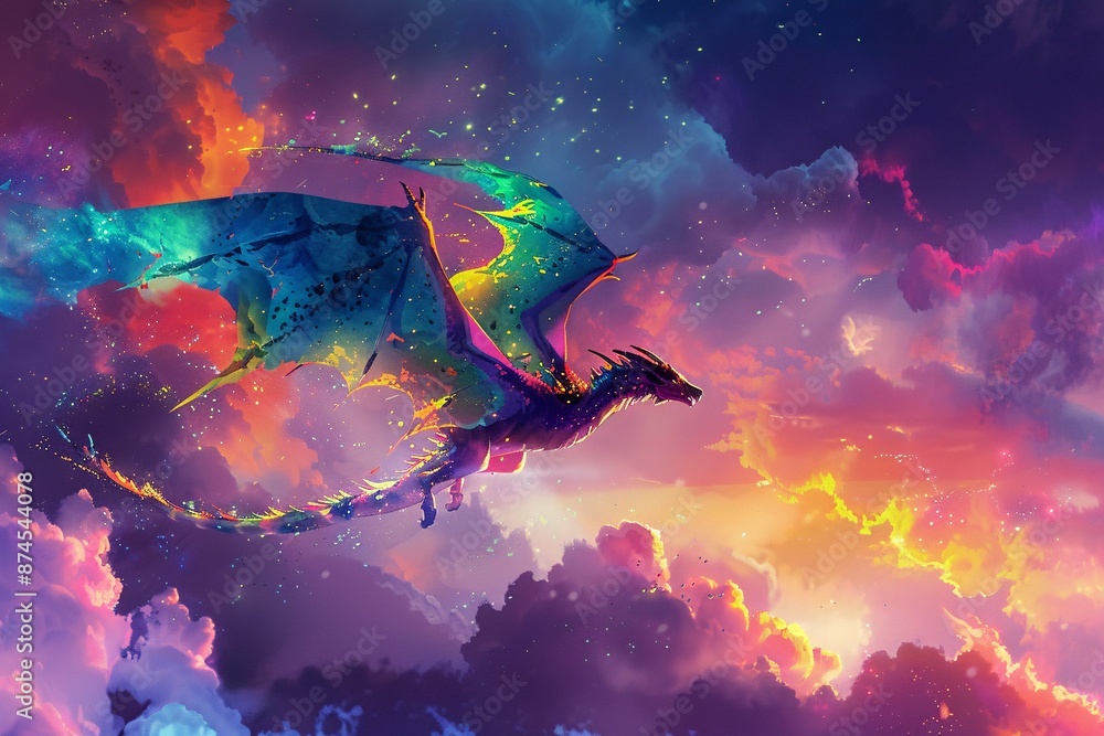 Obraz premium An ethereal dragon soars gracefully through a vibrantly colored sky, bathed in shades of purple, blue, orange, and pink with sparkling stars scattered across the background