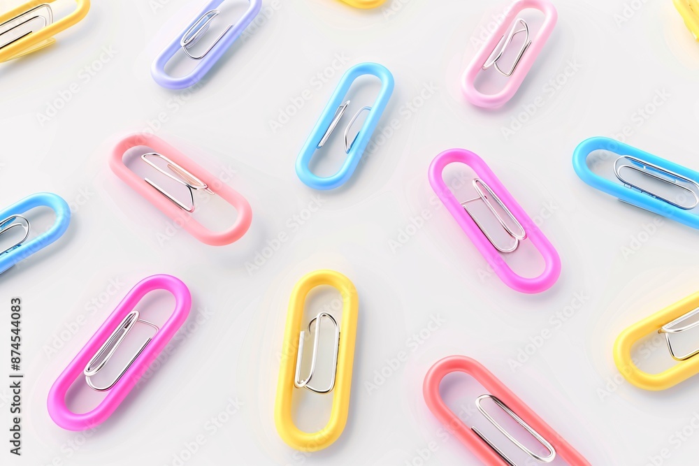 A close-up image of 3D colorful paper clips with plastic covers in different pastel shades, arranged neatly on a light background. The clips come in pink, yellow, blue, green, and lavender colors. A close-up image of 3D colorful paper clips with plastic covers in different pastel shades, arranged neatly on a light background. The clips come in pink, yellow, blue, green, and lavender colors.