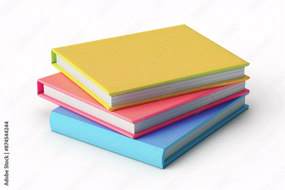 3D stack of colorful notebooks with yellow, pink, and blue covers on a white background. 3D stack of colorful notebooks with yellow, pink, and blue covers on a white background.