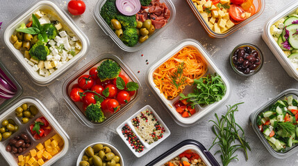 A variety of food items are displayed in plastic containers