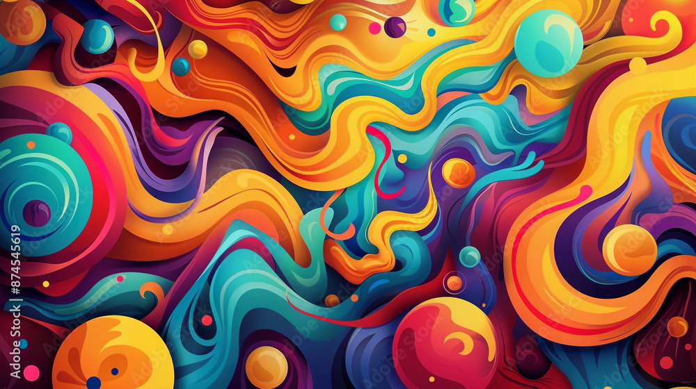 A colorful abstract painting with swirls and circles A colorful abstract painting with swirls and circles