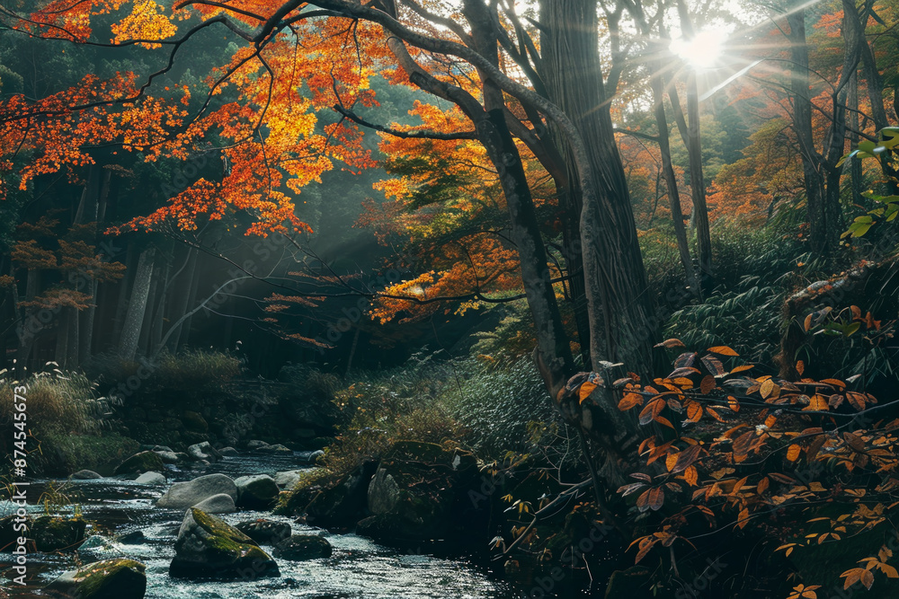 Obraz premium A forest with a stream running through it