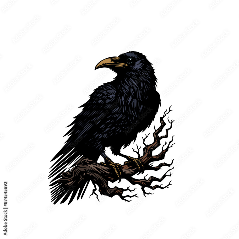 Obraz premium Vector Raven with a Long Tail perched on a branch.