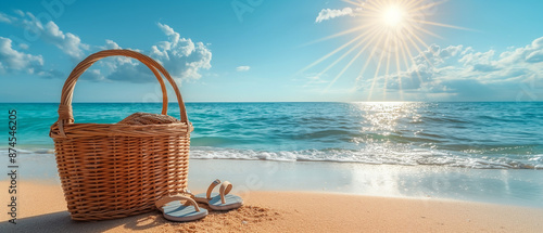 a charming summer beach scene with a classic striped beach umbrella providing shade over a wicker picnic basket and a pair of flip-flops in the golden sand,