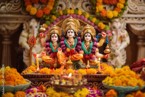 Wallpaper Mural Close-up of a Dussehra altar. Beautifully decorated with idols of Lord Rama, Sita, and Lakshmana, adorned with marigold flowers and traditional lamps Torontodigital.ca