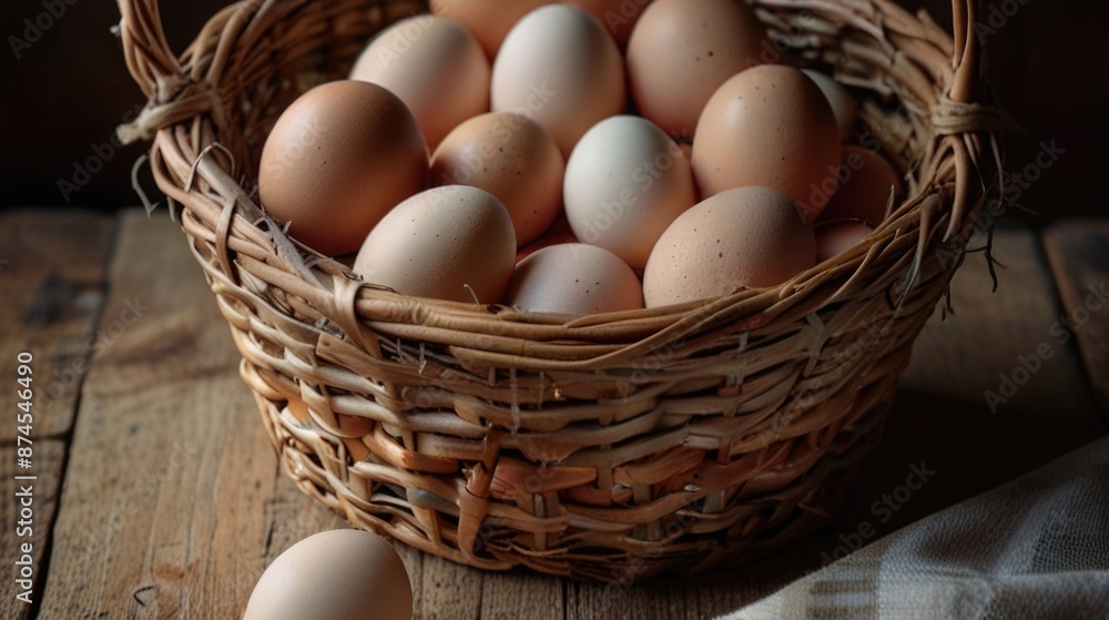 A basket of chicken eggs on a wooden table A basket of chicken eggs on a wooden table