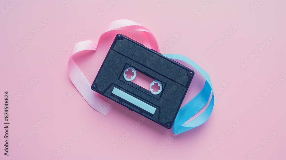 Adorable pink cassette player with hearts and ribbons on a light pink background, great for creating a romantic atmosphere Adorable pink cassette player with hearts and ribbons on a light pink background, great for creating a romantic atmosphere