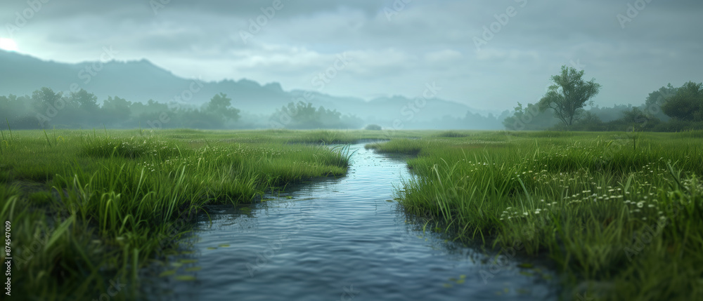 Obraz premium Serene river winding through a lush green valley with dramatic clouds, Beautiful, peaceful landscape concept