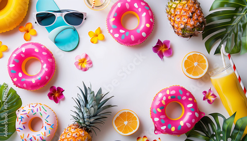 A frame of summer vibes concept with colorful pool party items, funny sunglasses, cocktail glasses, pineapple, and donut inflatable drink holders