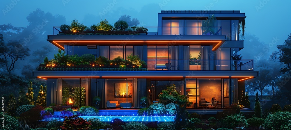 Visualize the technology integration in a Smart Home, focusing on innovative features and tenant satisfaction in real estate Visualize the technology integration in a Smart Home, focusing on innovative features and tenant satisfaction in real estate