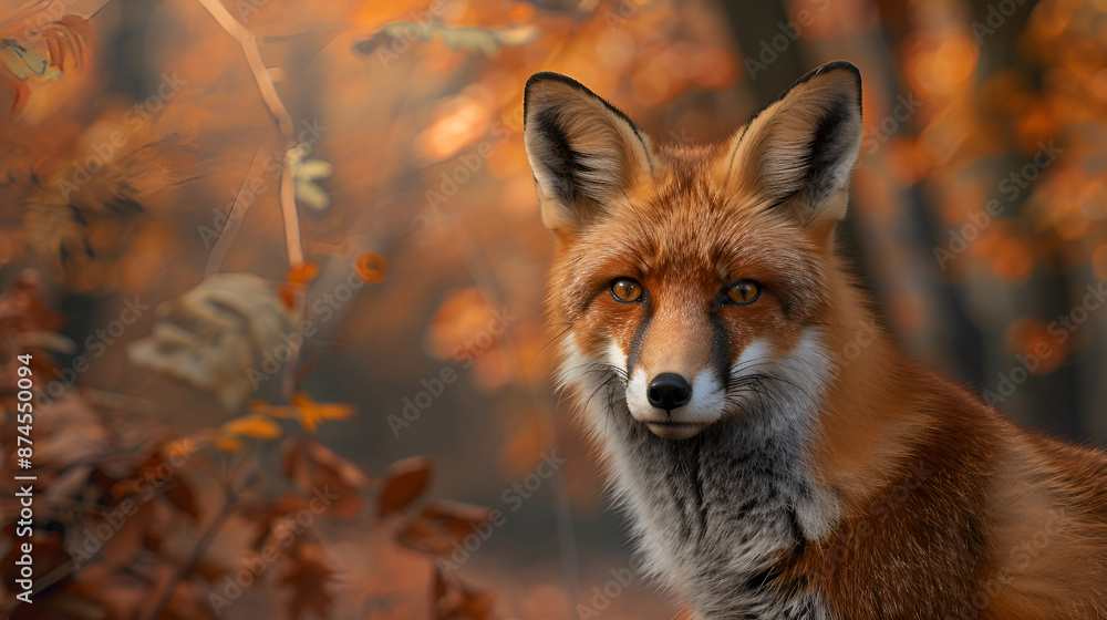 Fototapeta premium Close-up of a red fox in the autumn forest on a sunny day