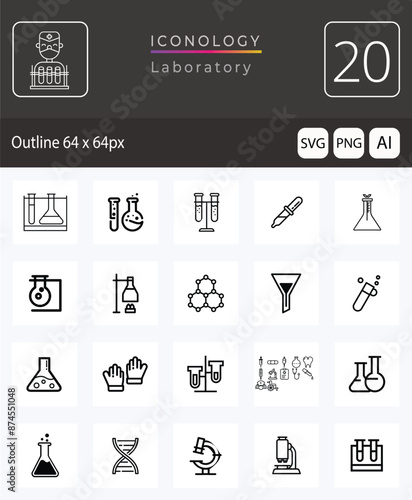 Laboratory icon set. Containing experiment, test tube, microscope, flask, chemical, biology, research, lab and more. Solid vector icons collection.