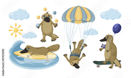 Vector duck billed platypus set. Children’s cute animal set. Platypus on a skateboard. Platypus juggles balls. Platypus with a parachute. Duckbill surfs and catches a wave. 