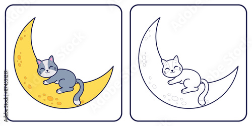 Cute gray cat sleeps on the moon. Vector coloring book