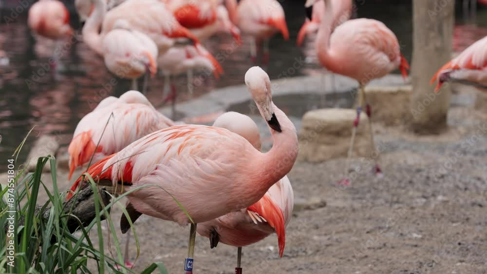 Pink exotic flamingo farm. Incredible, beautiful exotic birds near the pond. Pink exotic flamingo farm. Incredible, beautiful exotic birds near the pond.