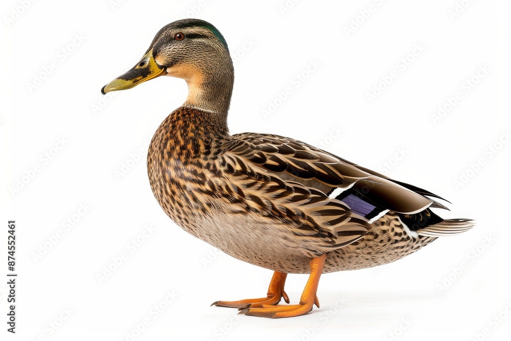 the beside view of a Mallard, left side view, white copy space on right, dutch angle view, isolated on white background the beside view of a Mallard, left side view, white copy space on right, dutch angle view, isolated on white background