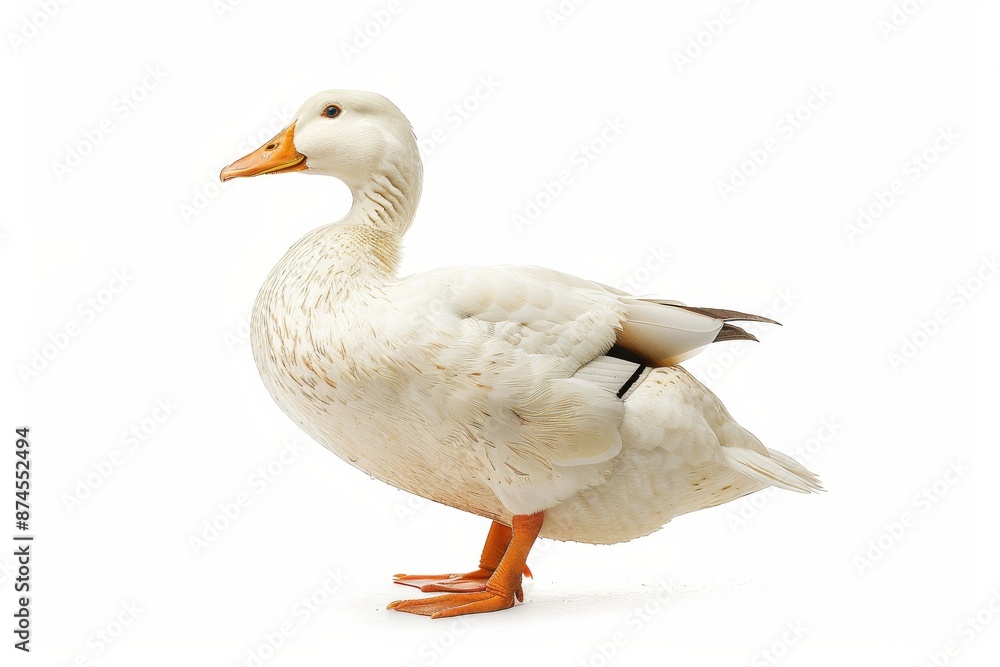 the beside view of a Pekin Duck, left side view, white copy space on right, dutch angle view, isolated on white background the beside view of a Pekin Duck, left side view, white copy space on right, dutch angle view, isolated on white background