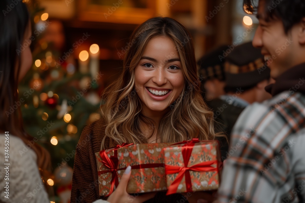 Woman Receives Gift During Christmas Celebration Woman Receives Gift During Christmas Celebration