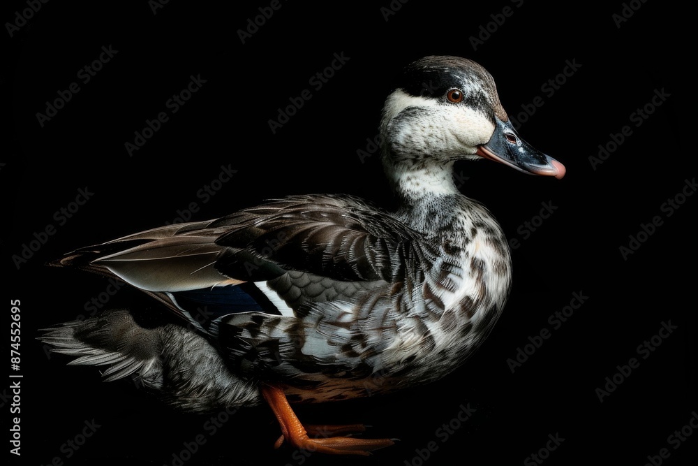 the beside view White-winged Duck, left side view, white copy space on right, isolated on black background the beside view White-winged Duck, left side view, white copy space on right, isolated on black background