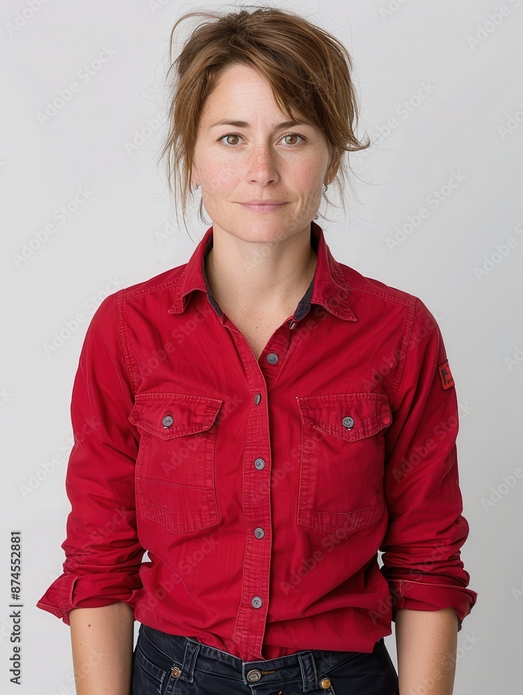 Portrait of a woman in a red shirt against a plain background Portrait of a woman in a red shirt against a plain background