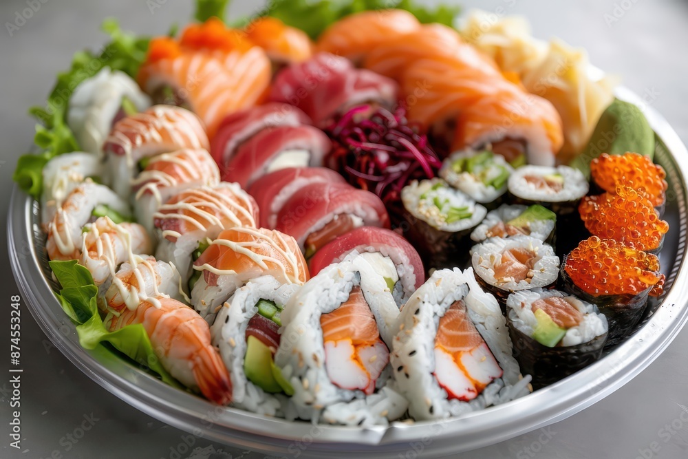A beautifully arranged platter of sushi rolls, featuring a variety of colorful and flavorful combinations with copy space A beautifully arranged platter of sushi rolls, featuring a variety of colorful and flavorful combinations with copy space
