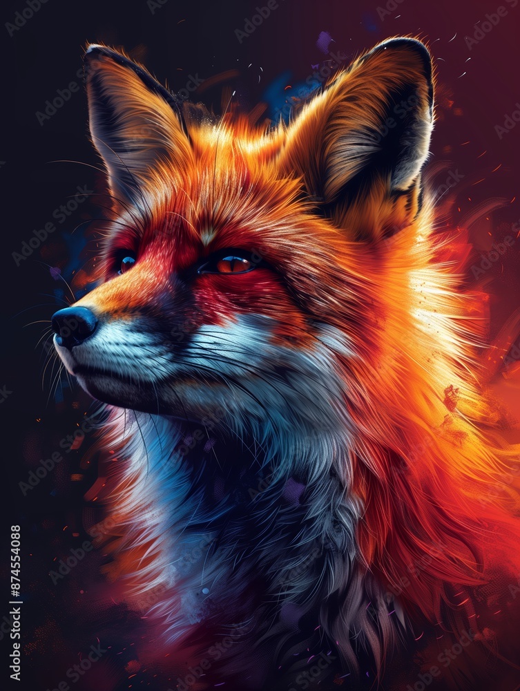 Fototapeta premium Digital Art Portrait of a Red Fox With Blue and Orange Fur