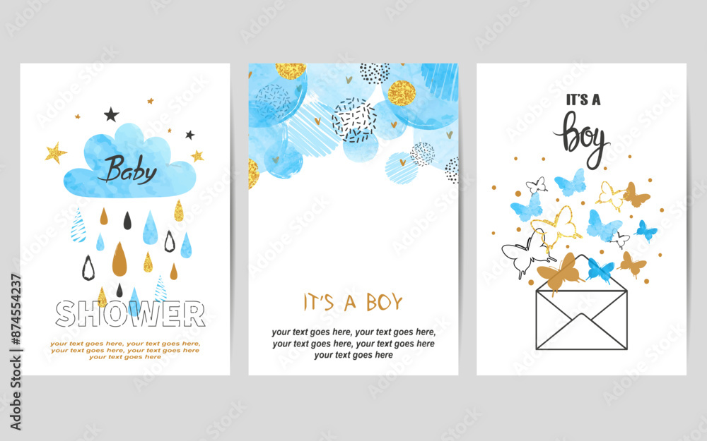 Naklejka premium Baby shower boy cards set. Vector invitation birthday party card design