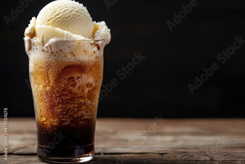 Fototapeta Naklejka Na Ścianę i Meble -  A frothy glass of root beer with a scoop of vanilla ice cream, creating a delightful float with copy space