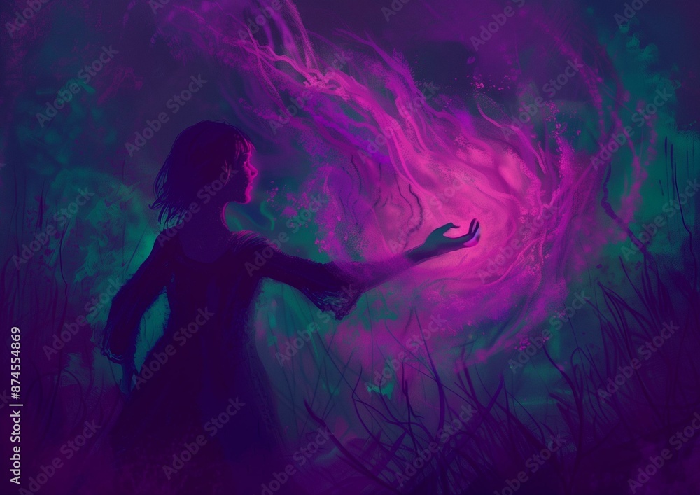 Enchanting Digital Illustration of a Silhouette Harnessing Magical Energy in a Mystical Forest. Enchanting Digital Illustration of a Silhouette Harnessing Magical Energy in a Mystical Forest.