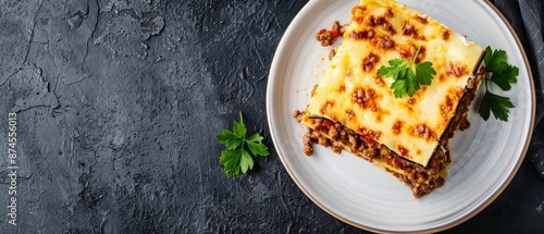 A plate of traditional Greek moussaka with layers of eggplant, minced meat, and creamy bechamel sauce with copy space photo