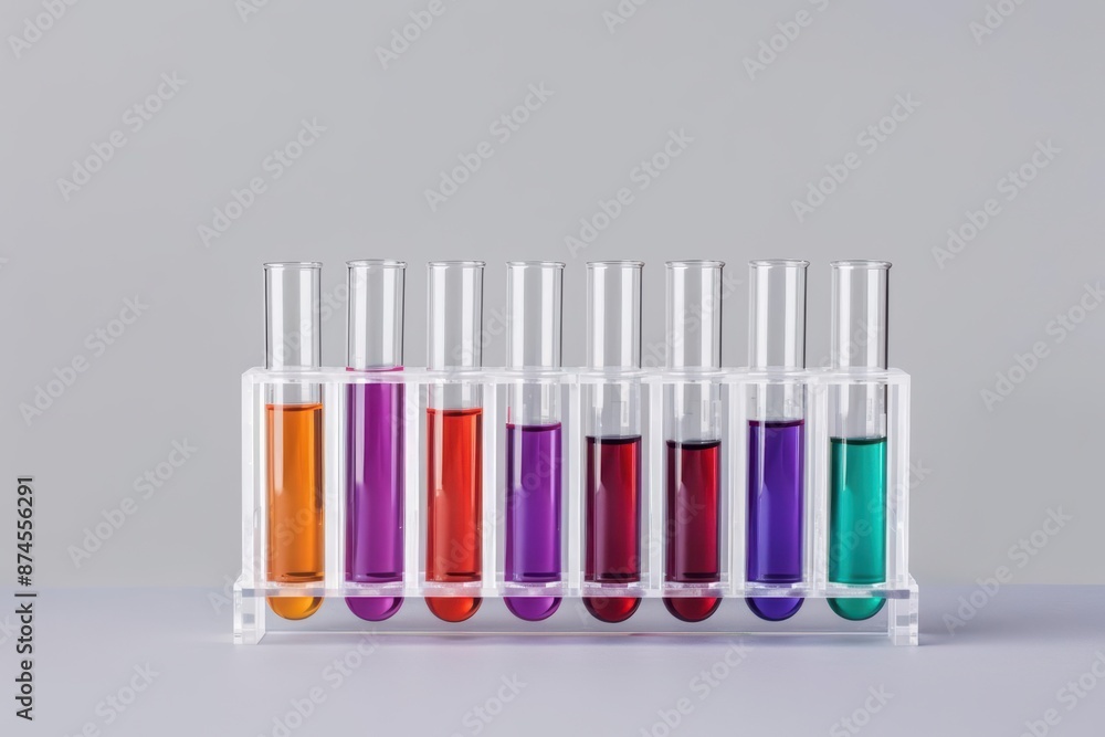 A set of test tubes in a rack, each containing different colored liquids for laboratory analysis with copy space A set of test tubes in a rack, each containing different colored liquids for laboratory analysis with copy space