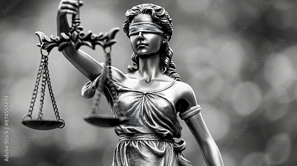 Fototapeta premium Black and white sculpture of Lady Justice holding scales, symbolizing law and legal equality with a bokeh background.