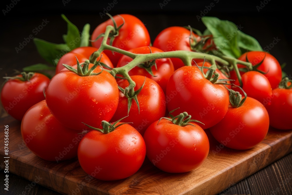 Juicy red cherry tomatoes on the vine resting on a rustic wooden cutting board Juicy red cherry tomatoes on the vine resting on a rustic wooden cutting board