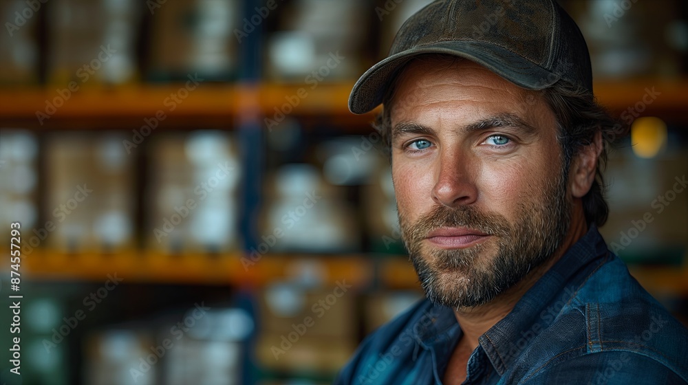 Handsome man in a warehouse setting, ideal for business and industrial profiles Handsome man in a warehouse setting, ideal for business and industrial profiles