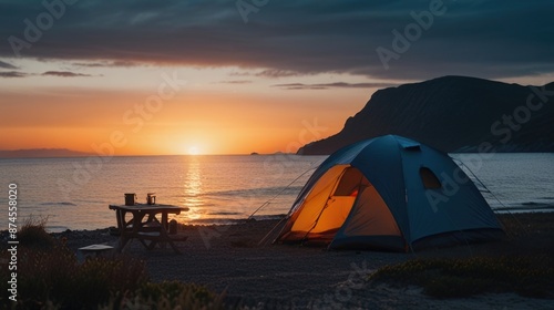 camping by the sea at sunset