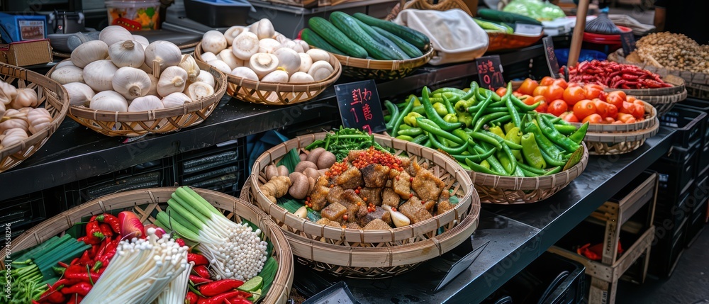 An innovative food market features stalls selling fantastical Asian ingredients like shimmering noodles and enchanted lotus roots that enhance health An innovative food market features stalls selling fantastical Asian ingredients like shimmering noodles and enchanted lotus roots that enhance health