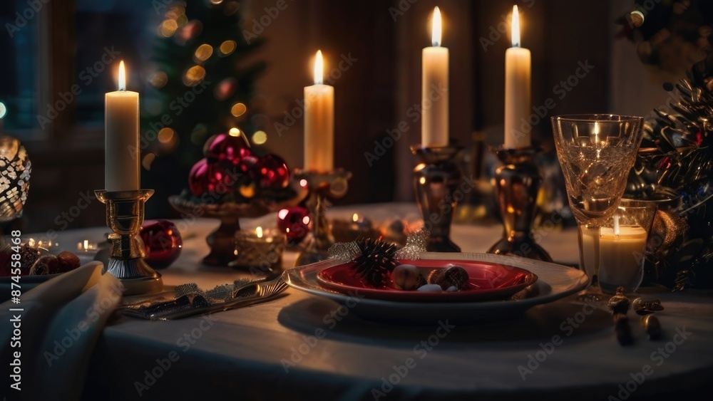 Candlelit Table With Christmas Decorations Candlelit Table With Christmas Decorations