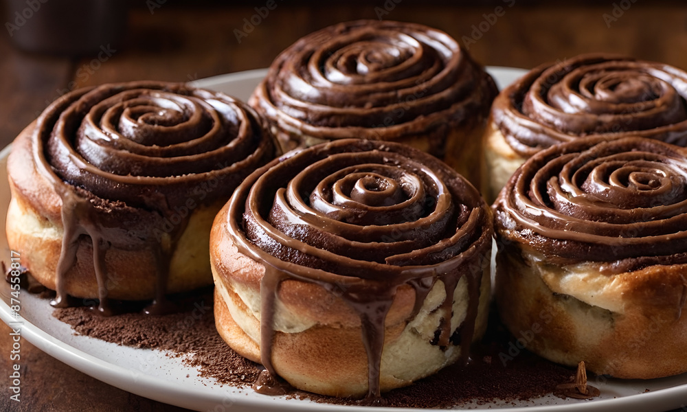 closeup of chocolate cinnamon rolls on a plate closeup of chocolate cinnamon rolls on a plate