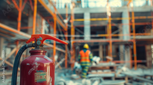 Fire extinguisher in a construction site setting, highlighting the necessity of fire safety equipment in hazardous environments.