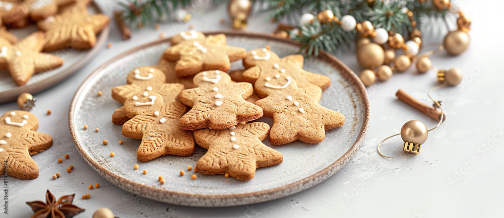 Fototapeta premium Traditional Christmas gingerbread cookies on a natural wooden plate placed next to white linen napkins, pine cones and cinnamon sticks. Winter holiday bakery.