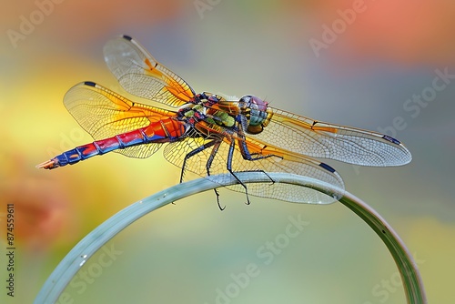 A macro photograph of a vibrant dragonfly perched on a curvilinear blade of grass, its wings catching the soft, diffused daylight