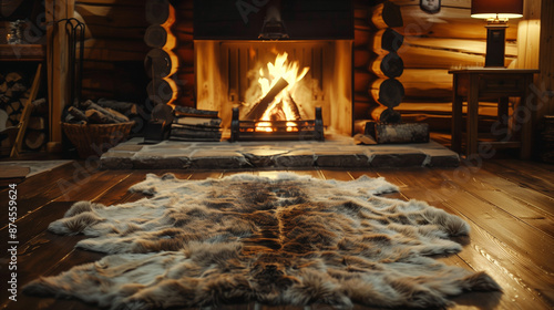 A warm and inviting log cabin interior featuring a roaring fireplace with a soft bear skin rug on the wooden floor, evoking a rustic and cozy atmosphere.