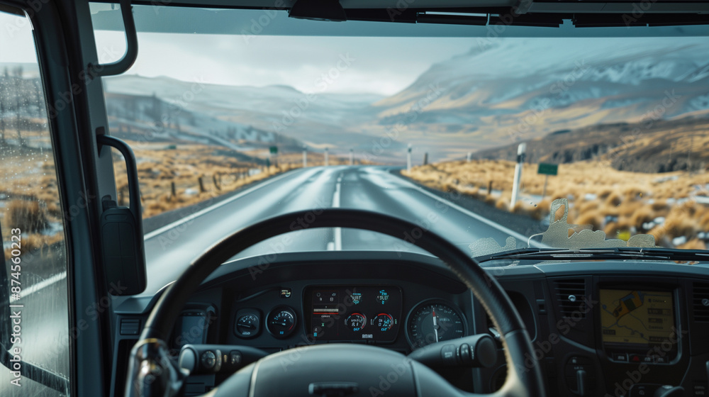 View from inside a truck cabin, showcasing the dashboard and steering wheel, with a scenic open road and mountains visible through the windshield,symbolizing travel,freedom, and the trucking lifestyle View from inside a truck cabin, showcasing the dashboard and steering wheel, with a scenic open road and mountains visible through the windshield,symbolizing travel,freedom, and the trucking lifestyle