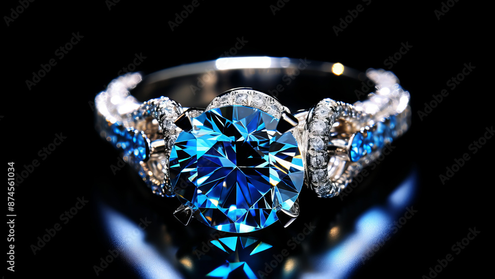 Luxurious sapphire ring with diamond accents on a reflective surface. Luxurious sapphire ring with diamond accents on a reflective surface.