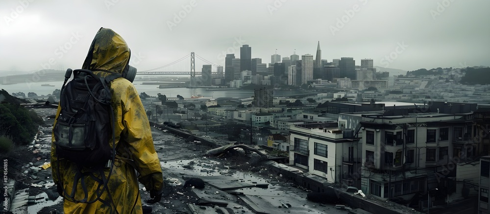 Person in a hazmat suit looking at a landscape of a post-apocalyptic San Francisco Person in a hazmat suit looking at a landscape of a post-apocalyptic San Francisco