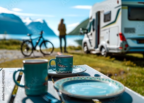 Cups and dishes on a picnic table in front of an RV camper trailer and people in the background